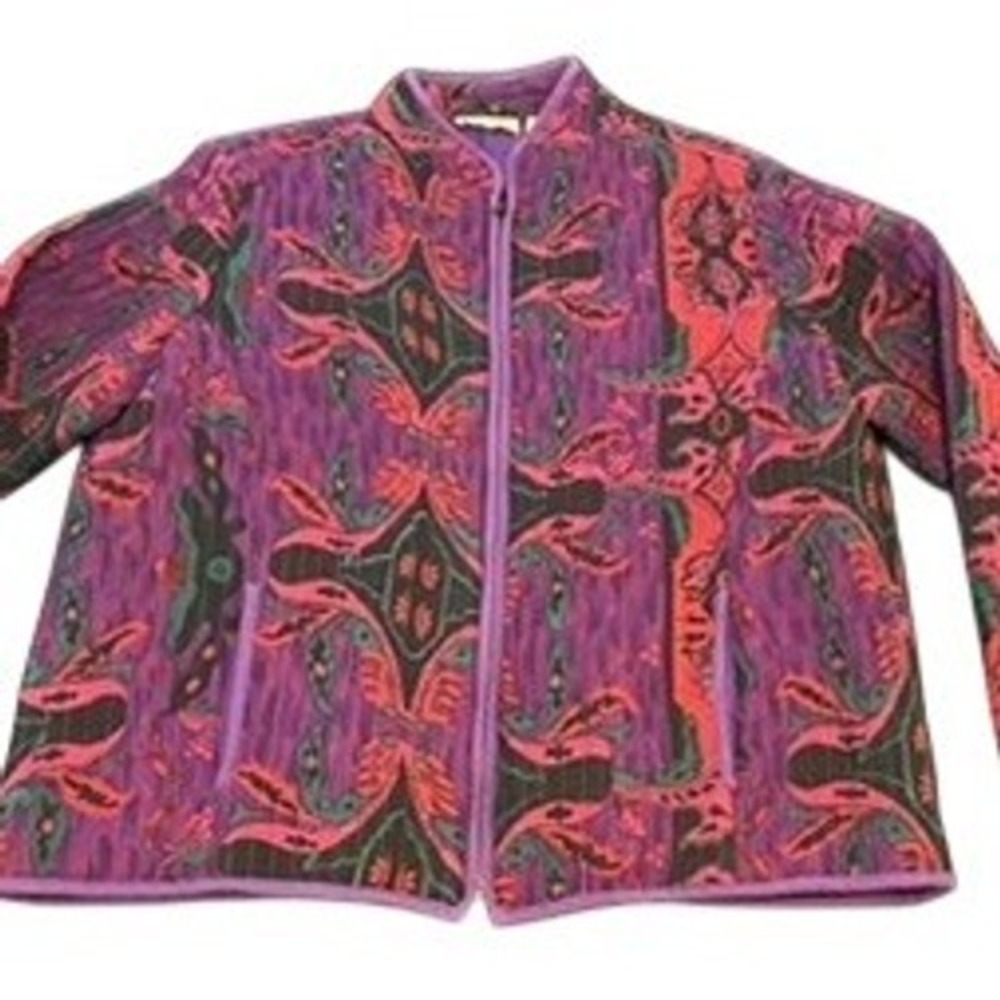 Choices Quilted Jacket Womens Medium Purple Pink Abstract Full Zip Mock Neck